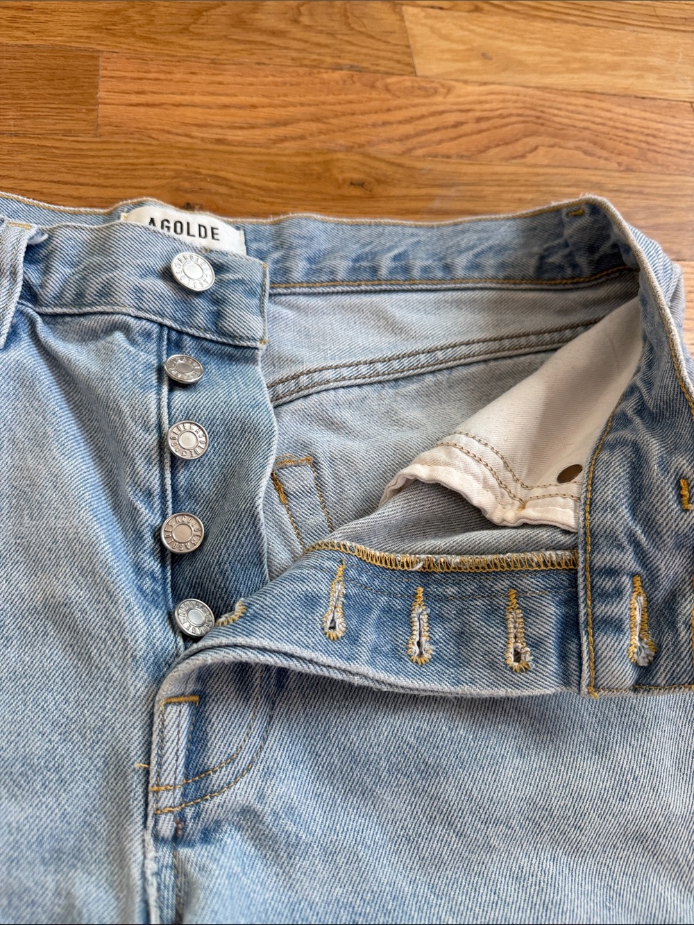 Agolde Light Wash Distressed Frayed Hem Denim Shorts - Picture 3 of 5